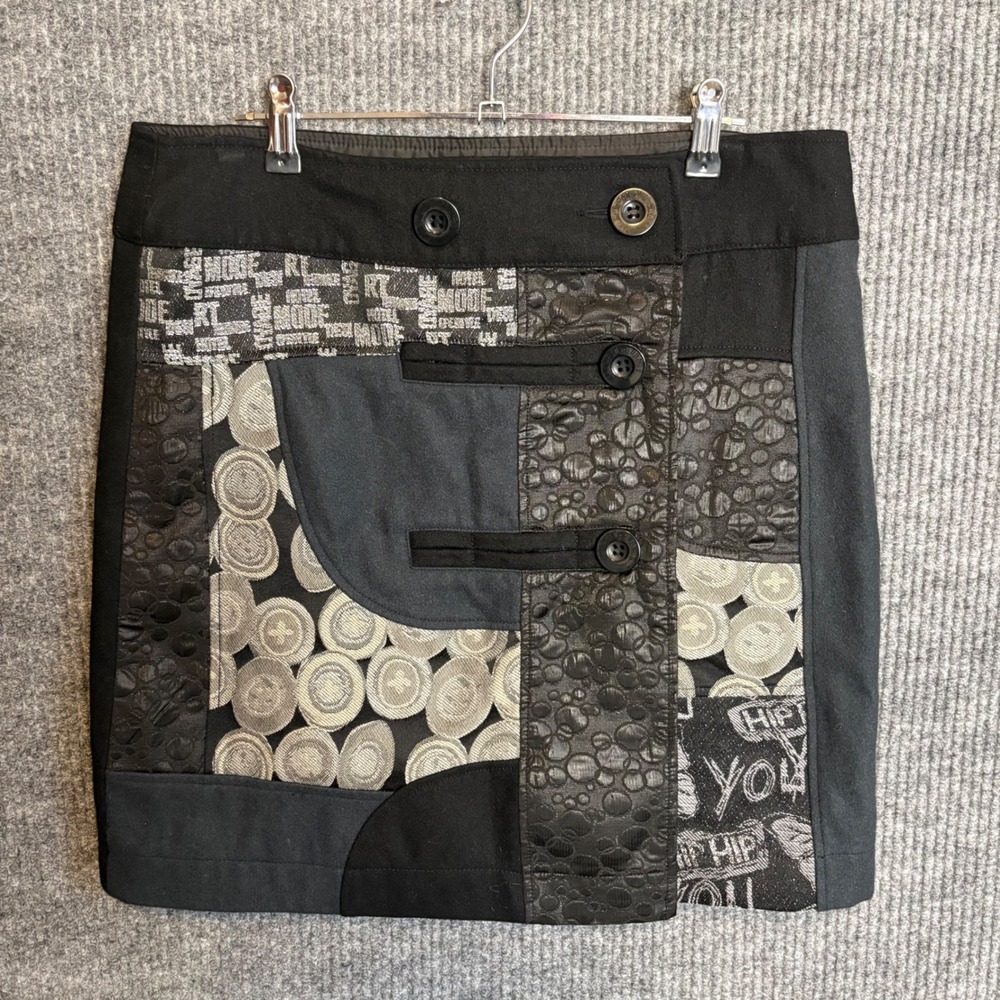 Desigual Patchwork Mini Skirt Size 40 Black Wool Blend Y2K Artsy Boho
